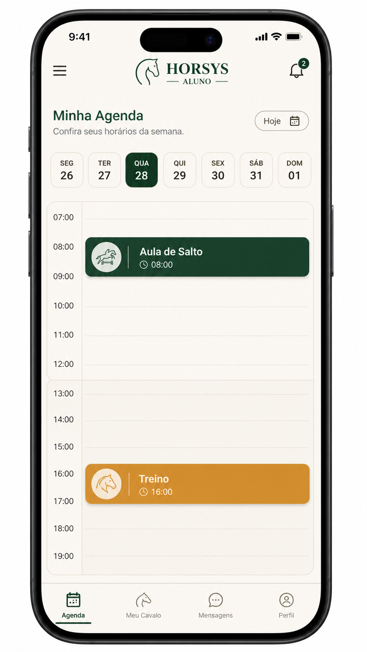 Tela da agenda semanal do aplicativo Horsys Aluno com aula de salto e treino