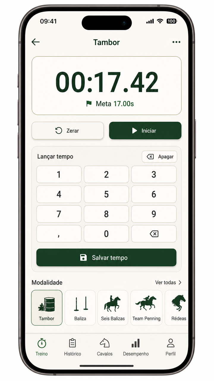Tela de cronômetro do Horsys Aluno registrando 17,42 segundos na modalidade Tambor com meta de 17 segundos