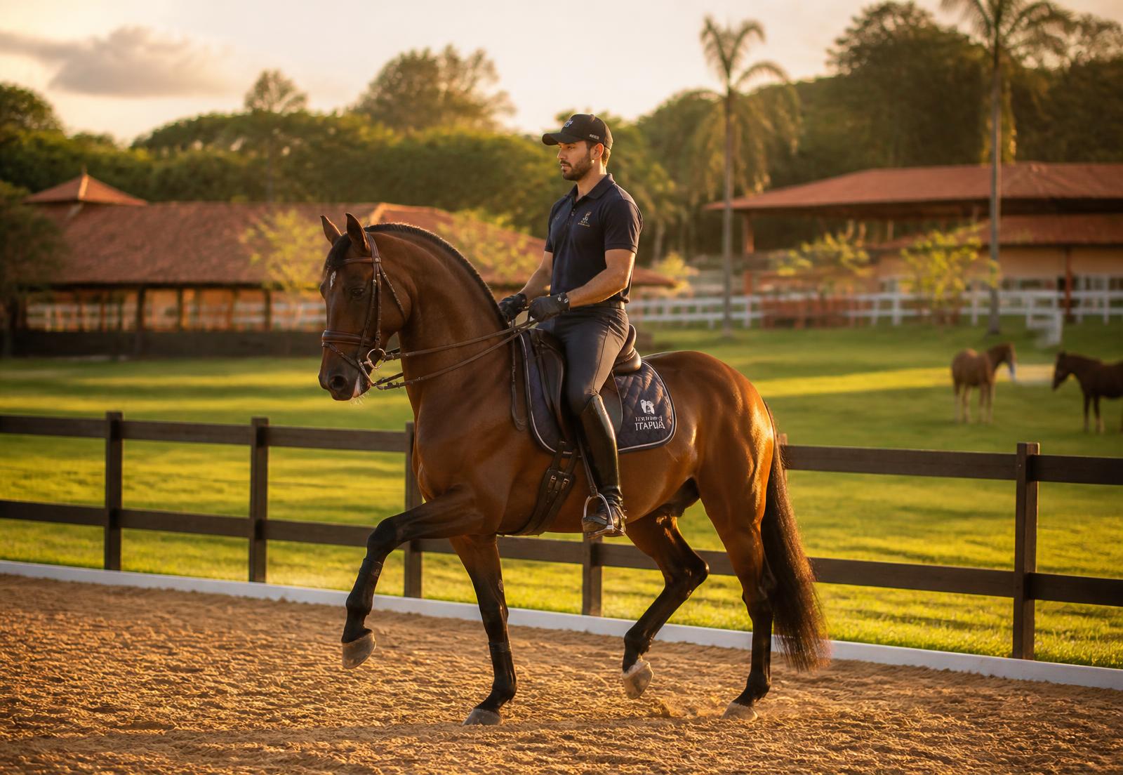 Cavaleiro treinando cavalo baio em pista de areia ao entardecer