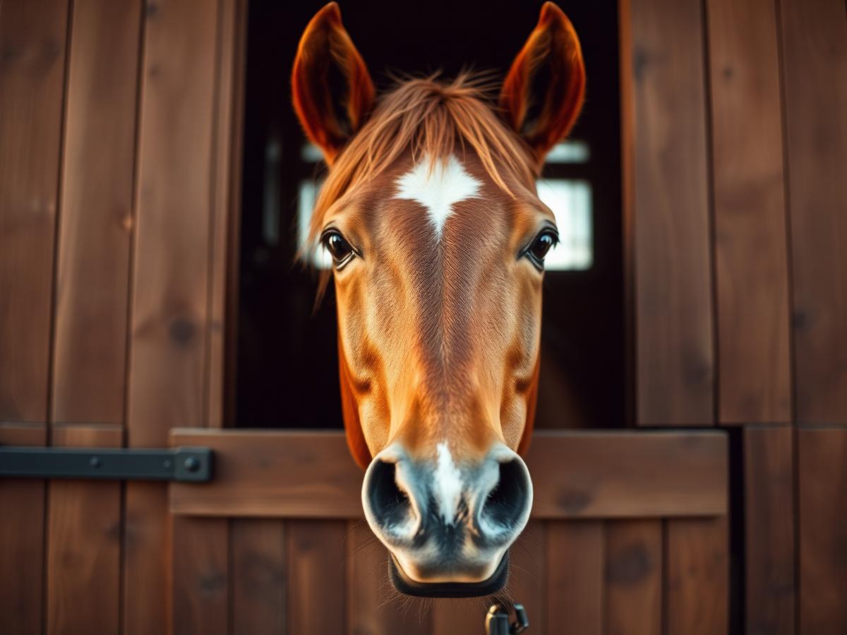 Cavalo alazão olhando por cima da porta de madeira da baia