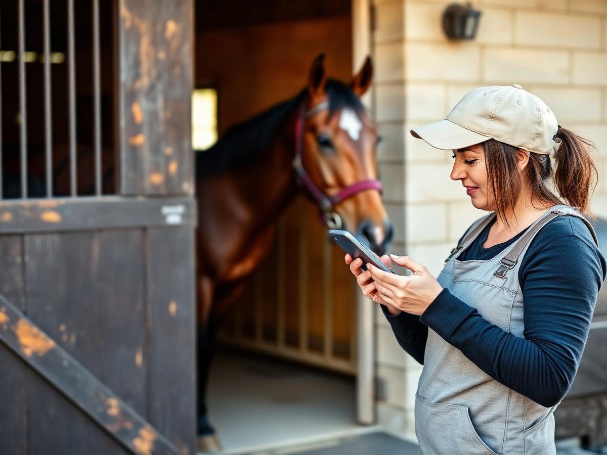 Treinadora consultando a agenda no celular ao lado do cavalo